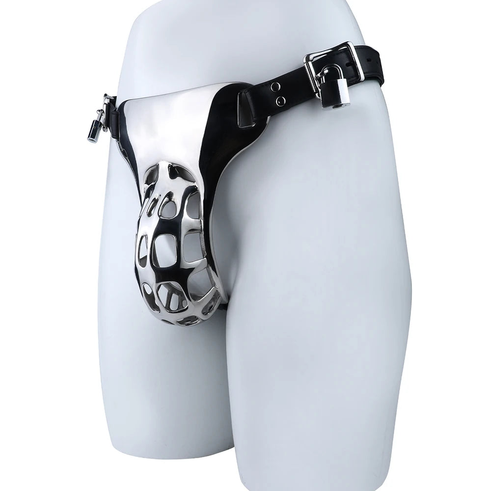QKKQ Wearable Heavy Stainless Steel Adult Briefs With Microfiber Leather Cock Cages Penis Bondage Chastity Cage Metal Underwear