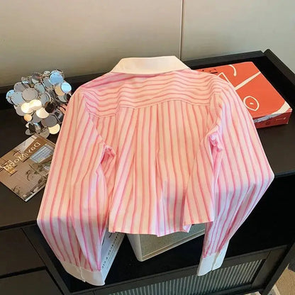 Pink Striped  Collar ort irt Long Sve Women's Design Sensation  Anti-Aging Versatile Long Sve irt
