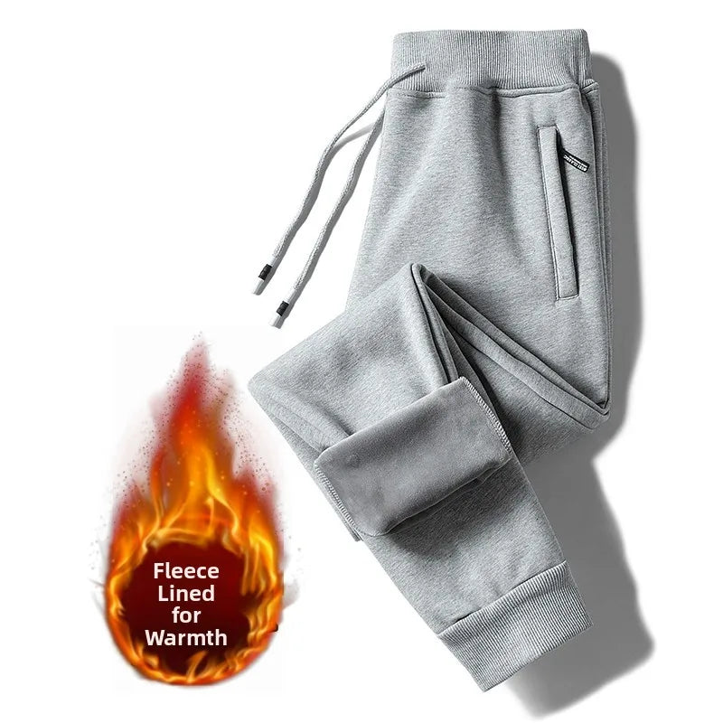 Men's Fleece Lined Loose Fit Trousers Korean Style Casual Pants with Pockets Zipper Closure Autumn Winter Outerwear Cargo Pants
