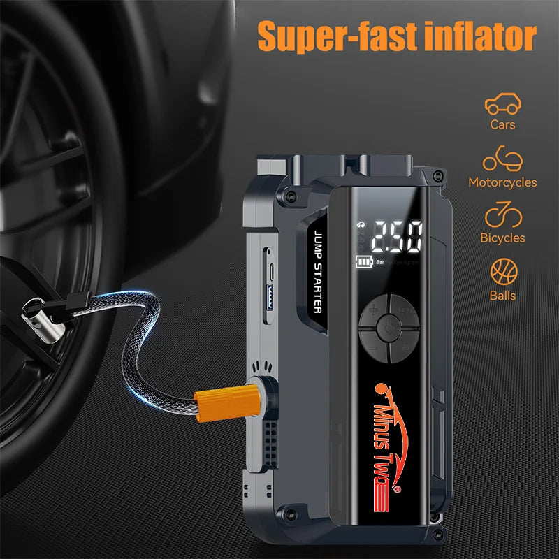 12V Car Jump Starter 4 In 1 Car Wireless Tire Inflator Pump Air Compressor Power Bank Potable Battery Starting Fast Charging