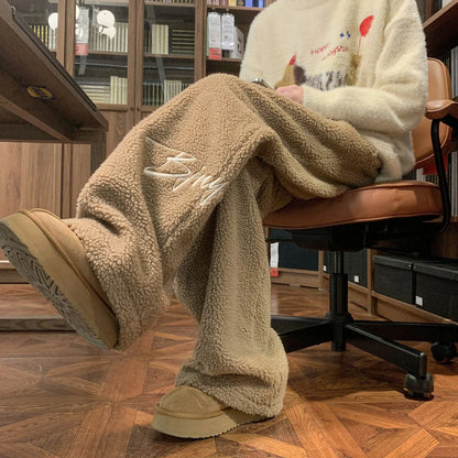 Lamb Velvet Thickened Fleece Lined Wide Leg Sporty Casual Pants for Men And Women Autumn Winter Street Style Cotton Trousers