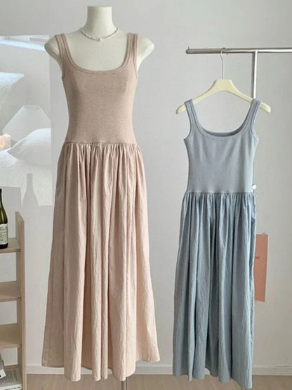 new Summer Patchwork Sleeveless Dress Vintage Female Fashion Casual Holiday Dress For Women Square Neck Long Party Dresses