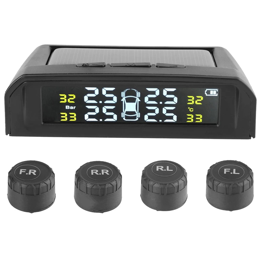 USB Solar Powered Intelligent Temperature Warning LCD Display + 4 External Sensors Car TPMS Wireless Tire Pressure System