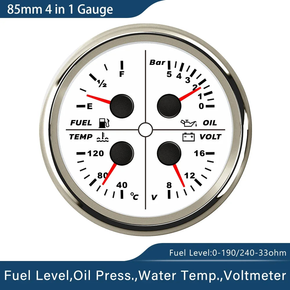 ELING Waterproof Auto Marine 85mm 4 in 1 Gauge Oil Pressure Water Temp Fuel Level Voltmeter for Motorcycle 8-16V