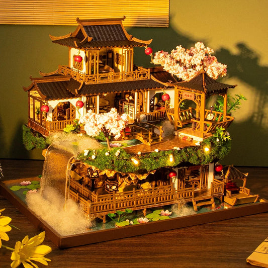 DIY Wooden Miniature Building Kit Doll Houses with Furniture Chinese Ancient Casa Dollhouse Handmade Toys for Girls Xmas Gifts