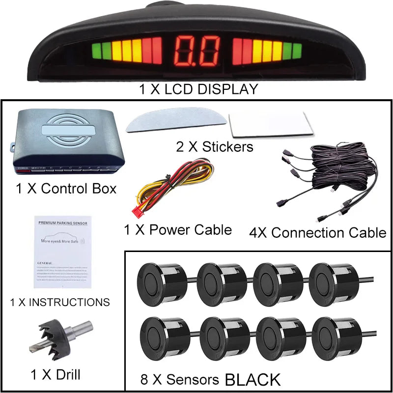 8 Parking Sensors Car Reverse Radar LED Display Buzzer Reverse Assist System Rear Detection Kit
