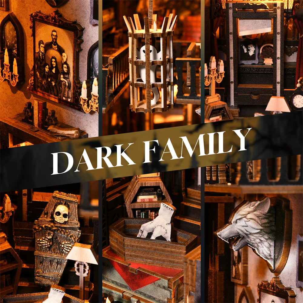 Book Nook Kit The Dark Family DIY Wooden Puzzle Gothic Style Halloween Bookshelf Dollhouse Model Bookend Building Home Dec