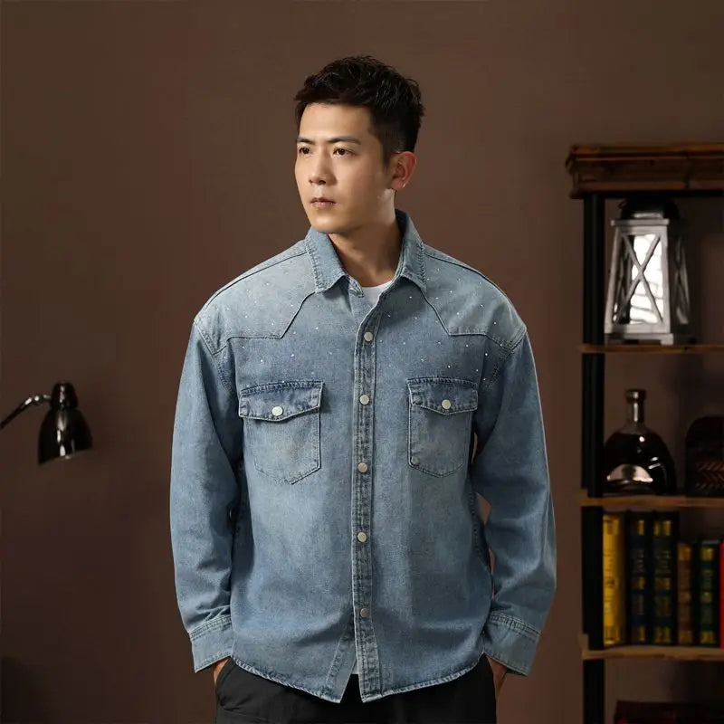 Fashion Lapel Jeans Jacket Multi Pockets Coat Men’s Vintage  Workwear Denim Shirts High Quality Spring Clothes for Male Causal