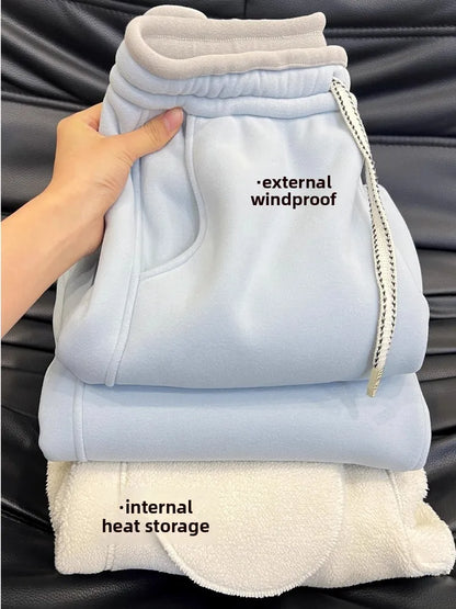 Fleece Lined Thickened Alpaca Wool Sweatpants Women Winter Style Warm Not Puffy Slimming Knife-Shape Pants High Waist Wide Leg