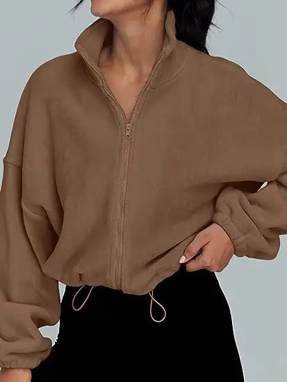 New Fashion Fall Winter Women's Short Zipper Hoodie Cropped Sweatshirt Drawstring Waist Puff Sleeve Pullover Y2k Clothing