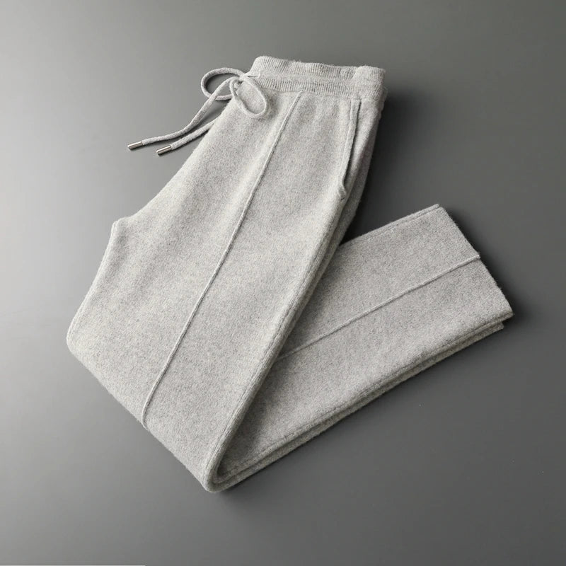 Men Wool Pants Autumn Winter 100%Merino Wool Thick Warm Smart Casual Trousers Knitwear Elasticity Waist Basic Sport Pants ﻿