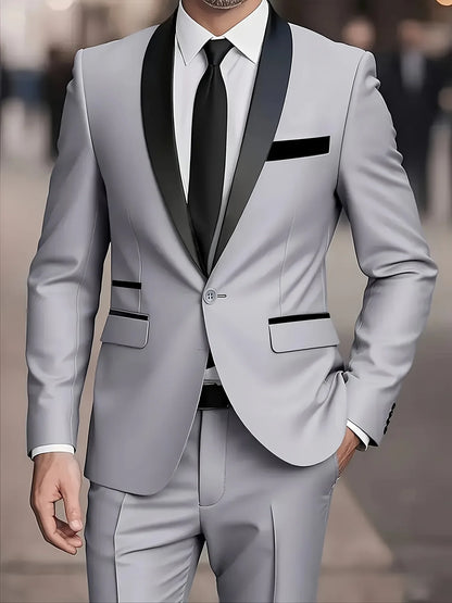 Men'S 2pcs Collar-And-Neckline, Single-Button, Slim-Fitting Solid-Color Jacket And Pants Set, Suitable for Men'S Dance Parties