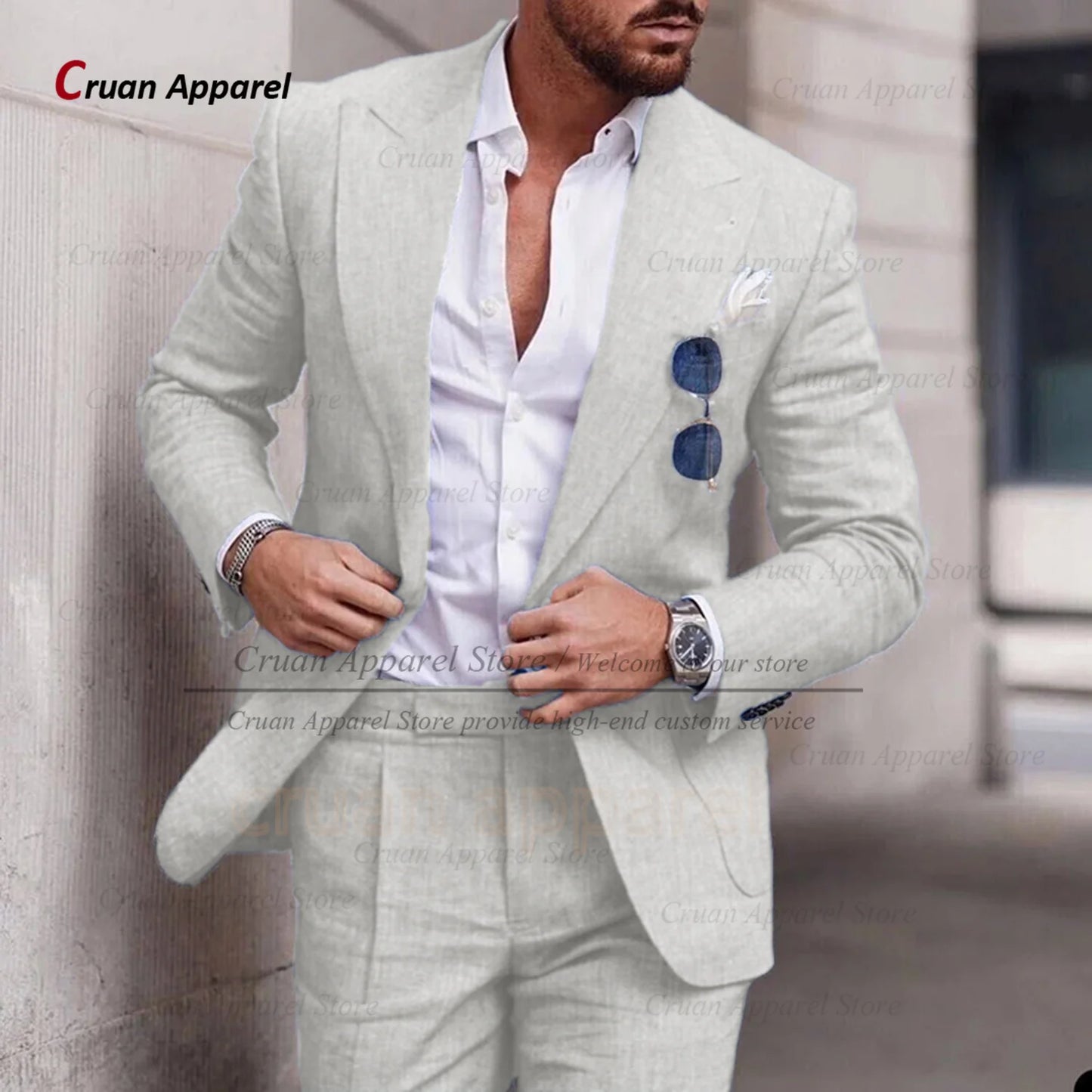 Fashion Sky Blue Linen Suit Set For Male Casual Party Fashion Blazer Pants 2Pieces Wedding Groomsman Formal Peaked Lapel Outfits