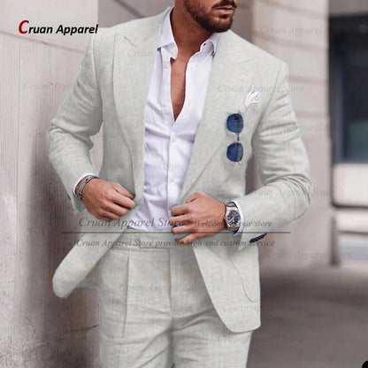 Fashion Sky Blue Linen Suit Set For Male Casual Party Fashion Blazer Pants 2Pieces Wedding Groomsman Formal Peaked Lapel Outfits