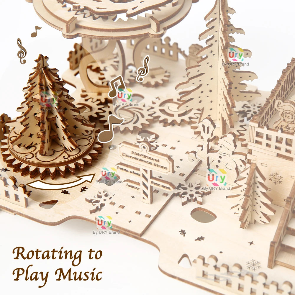 3D Wooden Puzzle Christmas Amusement Park Deer Carriage Music Box with Light Assembly Toy DIY Model Decoration for Gifts
