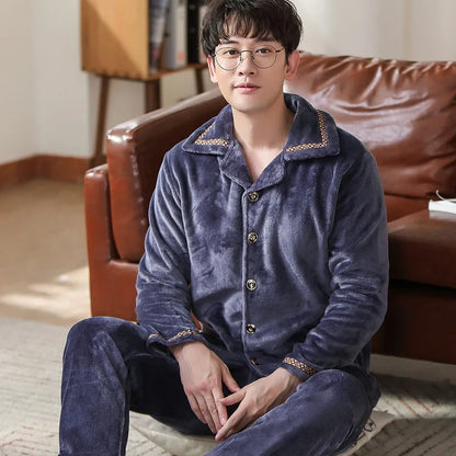 Men's Winter Thickened Fleece Pajamas Coral Velvet Home Clothes Set New Style Long Sleeve Stand Collar Couple's Outfit