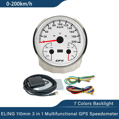 ELING 110mm 3 in 1 Multifunctional 120km/h 200MPH GPS Speedometer with Fuel Level Voltmeter 7 Colors Backlight for Car Universal