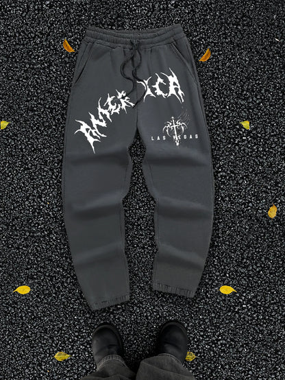 Men's Gothic Jagged Metal Font Wing Cross Las Vegas Print Sweatpants Elastic Waist Soft Dark Punk Street Hip Hop Joggers