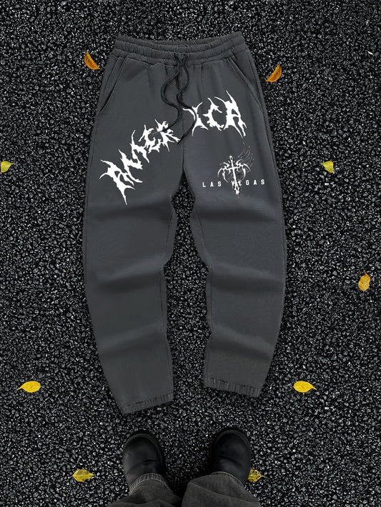 Men's Gothic Jagged Metal Font Wing Cross Las Vegas Print Sweatpants Elastic Waist Soft Dark Punk Street Hip Hop Joggers