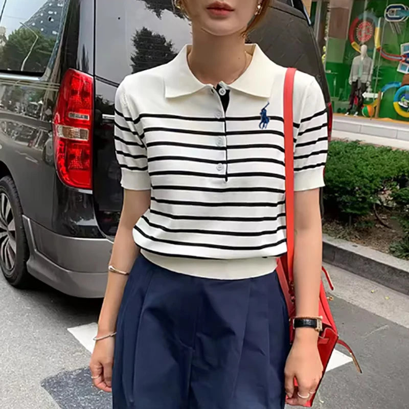 Women's POLO T-shirt Summer New Wool Knitted Short Sleeve Casual Striped Blouse Ladies' Clothes Lapel Pullover Tees Loose Tops