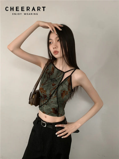 CHEERART Flocking Floral Vintage Crop Cami Top For Women Sleeveless Flower Green Tops Designer Clothes Luxury