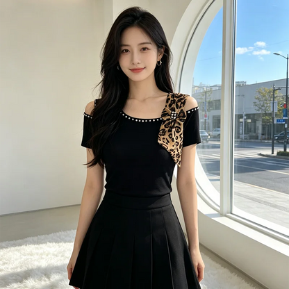 Summer New Off Shoulder Short sleeved T-shirt Korean Fashion Diamond Tops Slim Style Bowknot Women Shirt