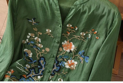 Large Size Mom Embroidered irt Women's Spring New Cotton Linen irt High End f Sve Seven Sve Women's Top