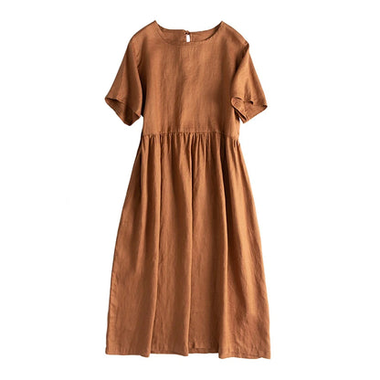 Summer Cotton Linen Women Dresses Vintage Short Sleeve Casual Loose Back Bandage Harajuku Party Club Dress With Pockets