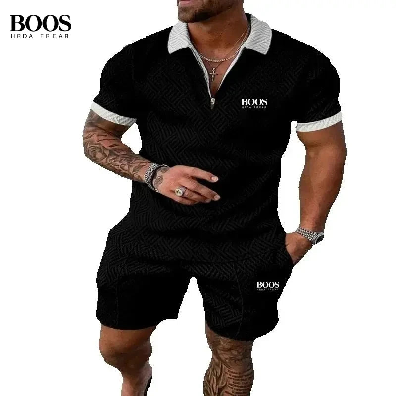 Summer Men's High-Quality Half Zipper Polo Shirt+Casual Shorts Set, Outdoor Sports and Leisure Beach Two-Piece Set