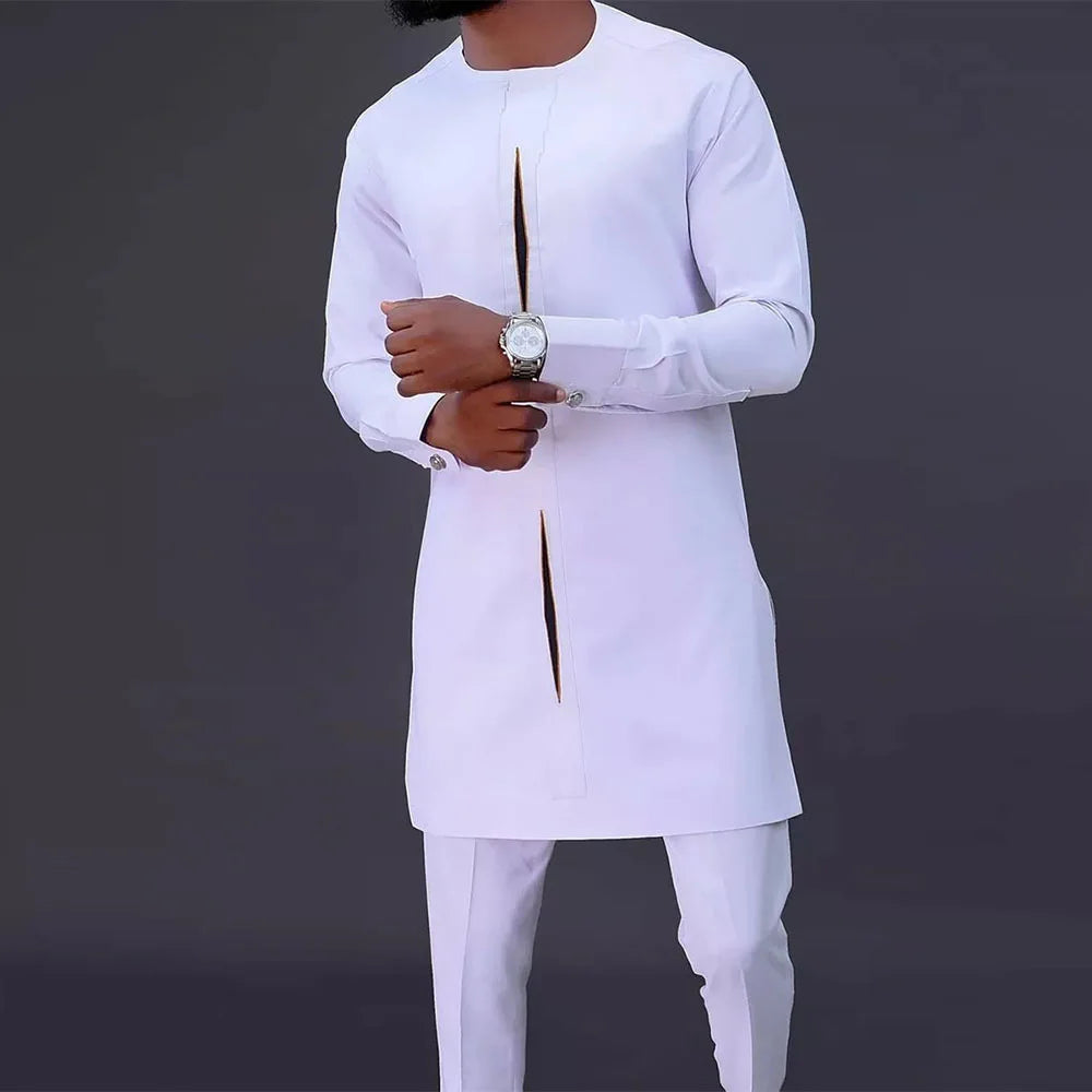 Fashionable Ethnic Embroidered Long Sleeve Long Pants Suit for Men New 2026 Style Summer Season round Neck Single Button Closure