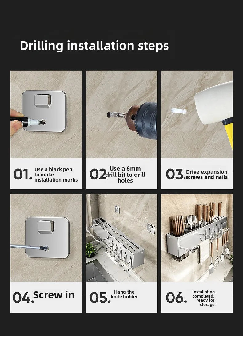 Stainless Steel Kitchen Knife Holder Wall Mounted No Drilling Multi-Function Chopsticks And Kitchen Knife Storage Rack