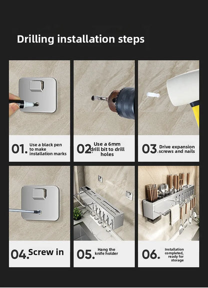 Stainless Steel Kitchen Knife Holder Wall Mounted No Drilling Multi-Function Chopsticks And Kitchen Knife Storage Rack