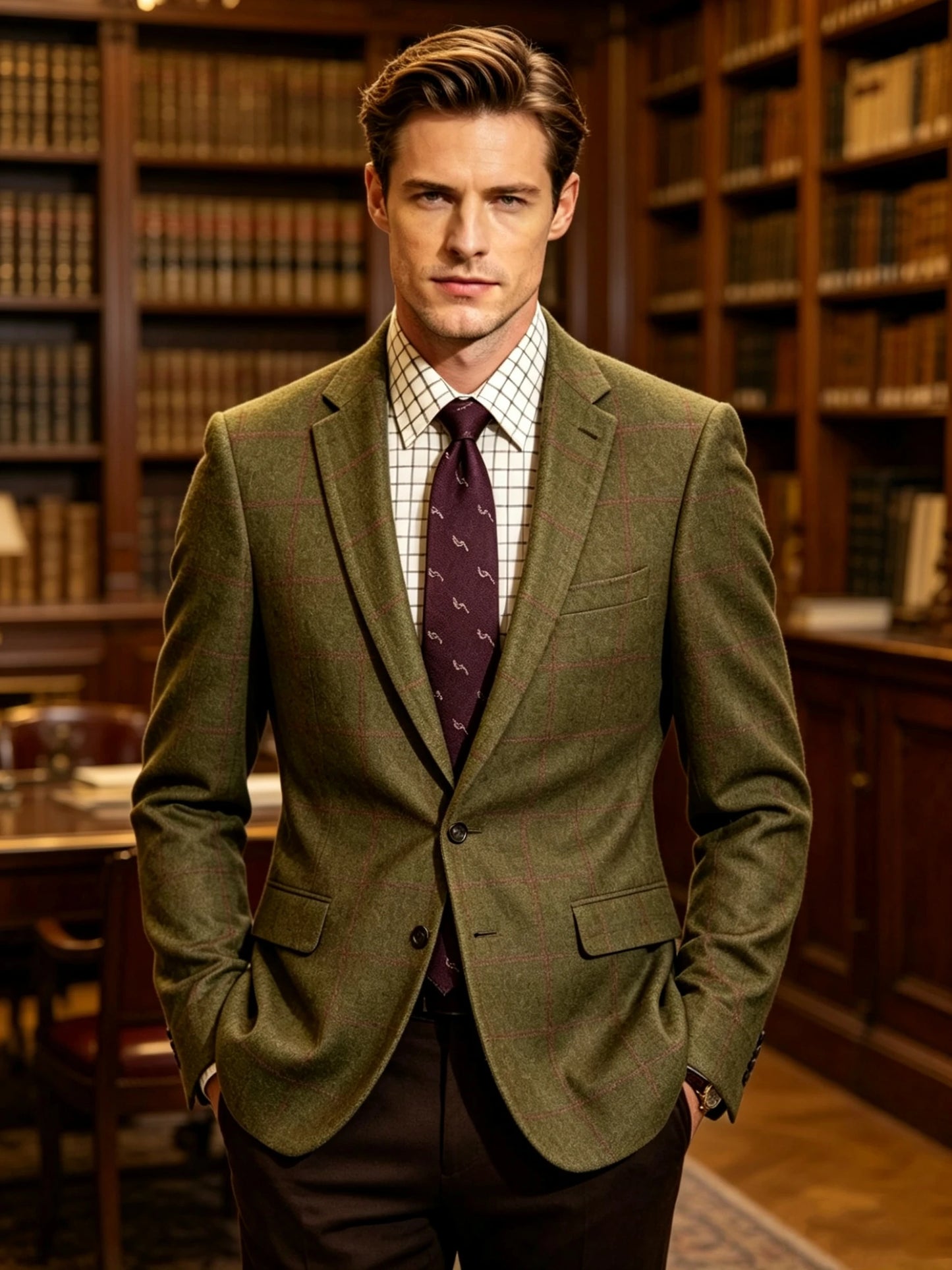 Men's Green Plaid Woolen Blazer Single Breasted Two Buttons Coat Prom Tuxedo Business Wedding Jacket Casual Wool Suit One Coat