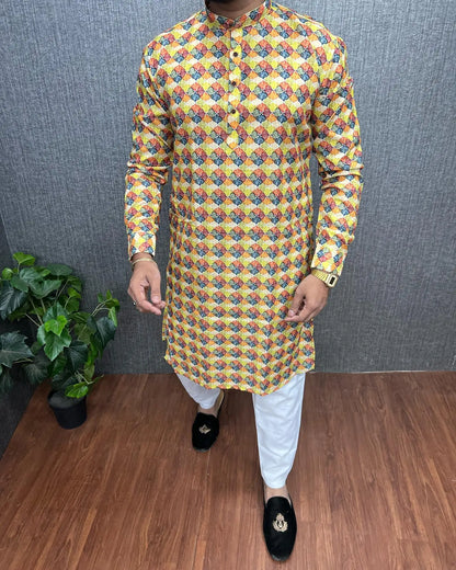 2026 Men Digital Printed Kurta Vardha Regular Fit Mandarin Collar Long Suitable All Occasions Such Wedding Hari Raya Aidilfitri