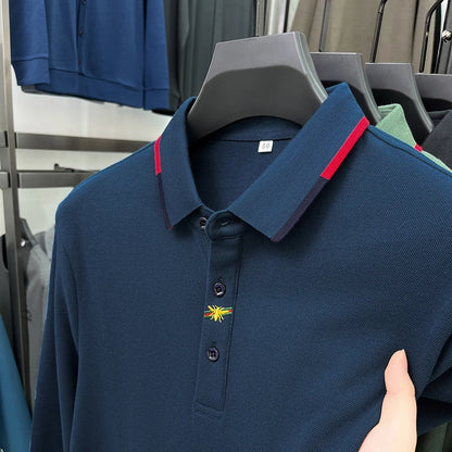 High End Brand Men's Embroidered Long Sleeve 100% Cotton Polo Shirt Business Casual Lapel Fashion Solid Color T-shirt Men's Wear