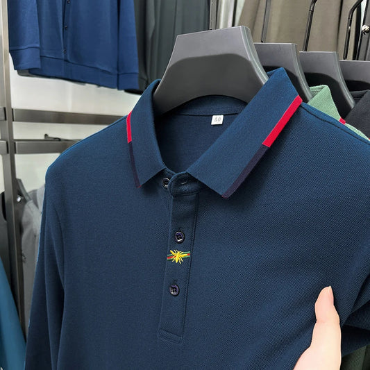 High End Brand Men's Embroidered Long Sleeve 100% Cotton Polo Shirt Business Casual Lapel Fashion Solid Color T-shirt Men's Wear