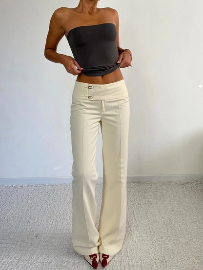 Women Solid Color Commuter Y2K Straight Leg Slightly Flared Pants Low Waist Minimalist Casual Cargo Pants Asymmetrical Waistband