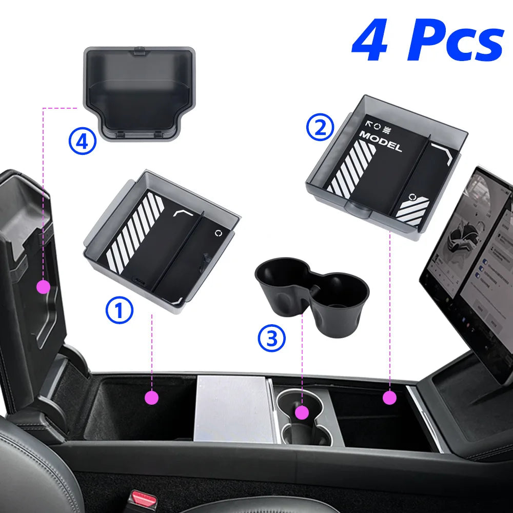 Interior Storage Organizer Fits Tesla Model Y Juniper 2026 Model YL Translucent ABS Console Box 2/4/6PCS Custom-fit Silicone Mat