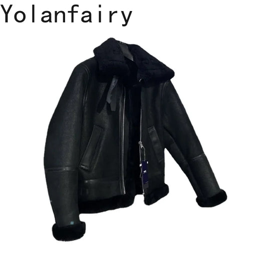 YOLANFAIRY Cracked Natural Fur Coat Men's Sheepskin and Wool Integrated Warm Genuine Leather Jacket Men Winter Coats and Jackets