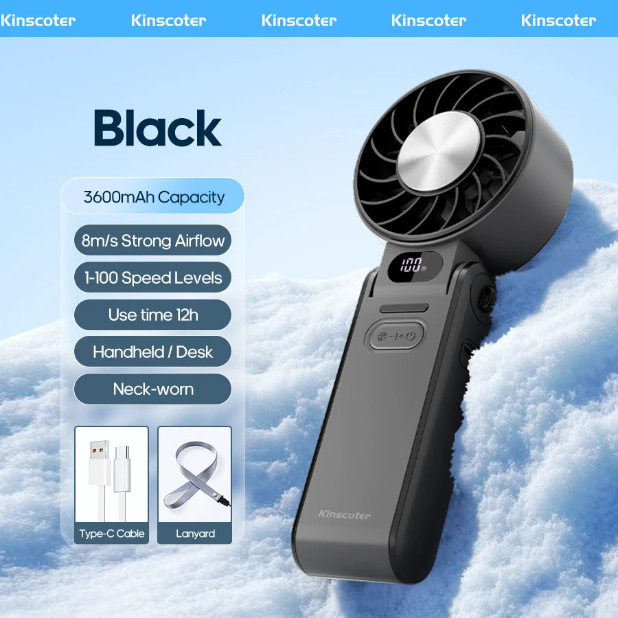 Kinscoter Mini Handheld Cooling Fan LED Display 3600mAh Foldable Portable Fan 100 Wind Speed w/ Lanyard for Outdoor Travel Gift