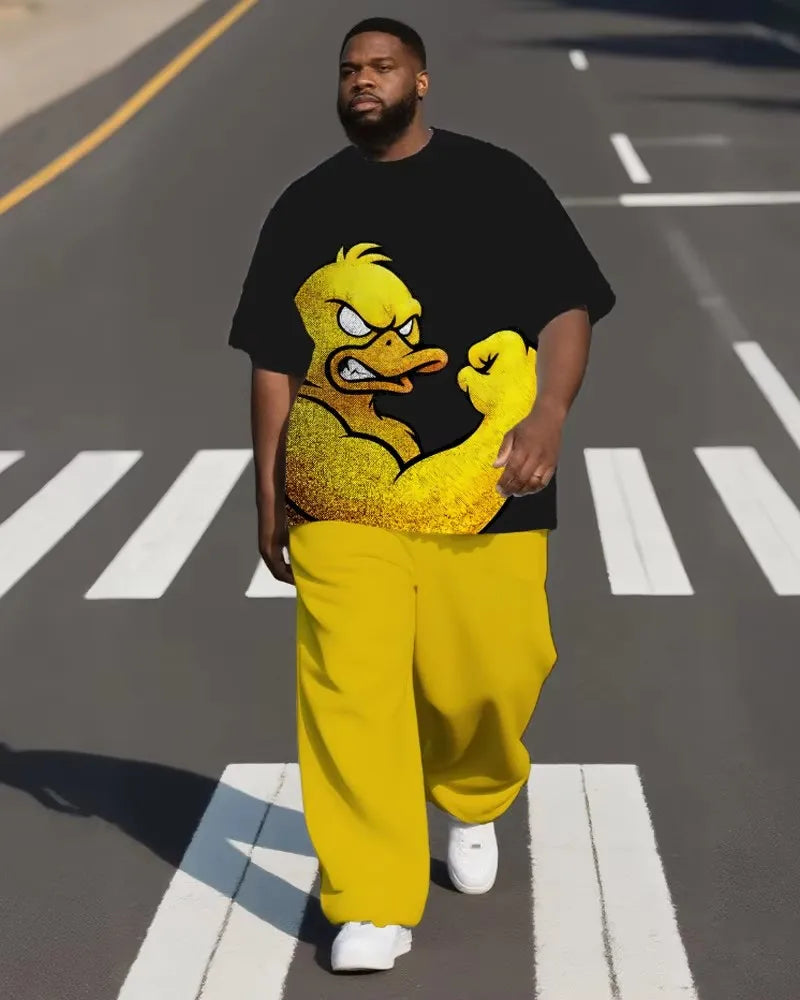 S-9XL Men's Plus Size Hip Hop Cartoon Print Short Sleeve T-shirt and Pants Two-Piece Set