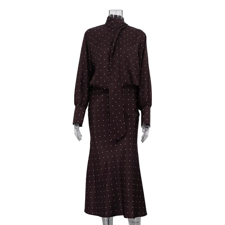 Two Piece Skirt Set Printed Polka Dot Satin Skirt Set Women's Long Sleeved Lace Up Shirt+high WAIST Midi Skirt Set