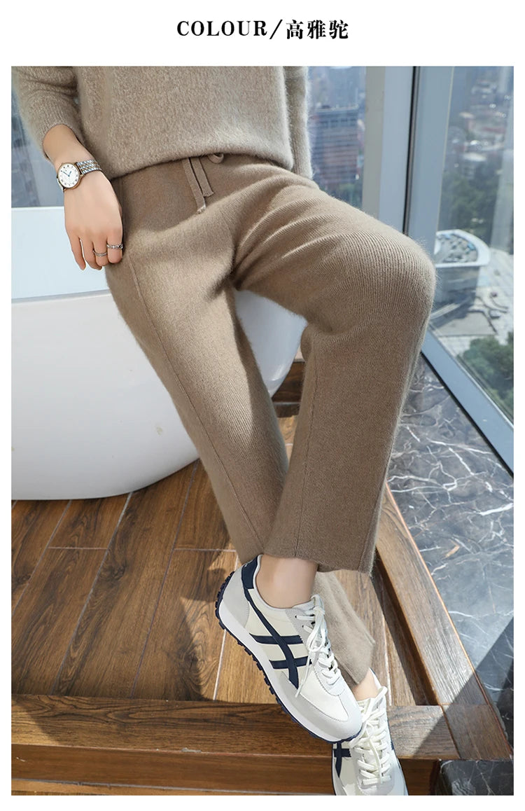 100% mink wool knitted high-waisted pencil pants women's casual autumn and winter new warm solid color thick cashmere pants