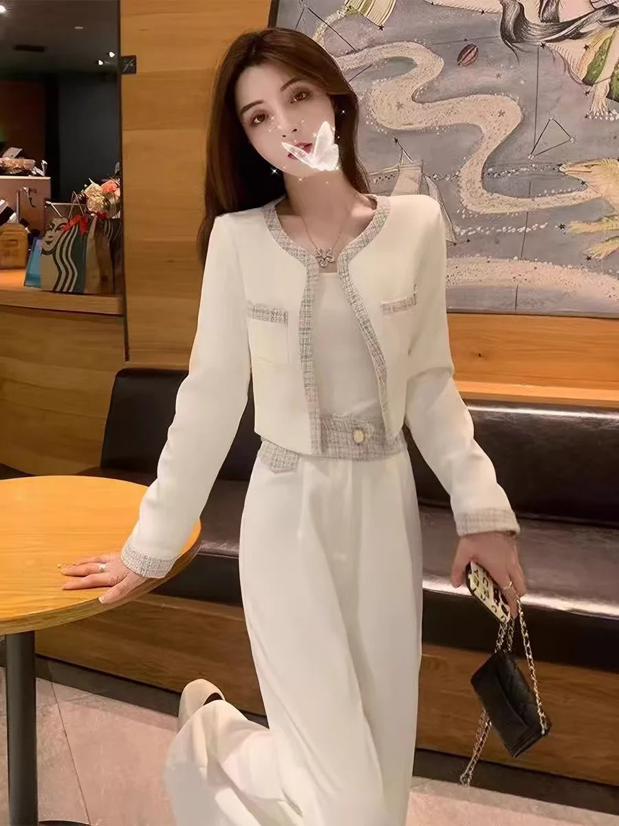Elegant Fashion Set Women's Spring Autumn New Style Small Fragrance Wind Coat Wide Leg Pants Two Piece Set High Waist Long Pants