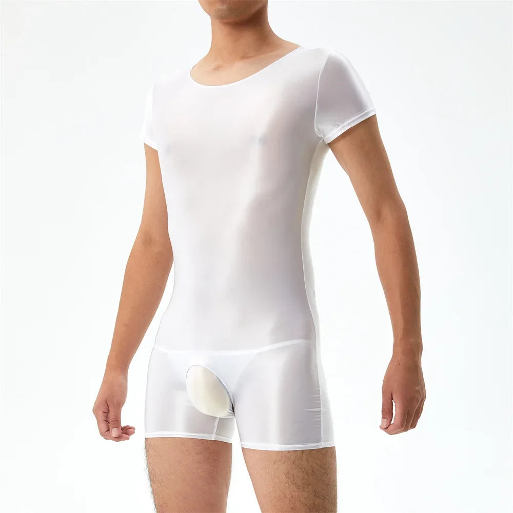 Sexy Men's Open Crotch Bodysuit Short Sleeve Oil Shiny Glossy Tights High Elastic Man Clothing Shapers Exotic Leotard