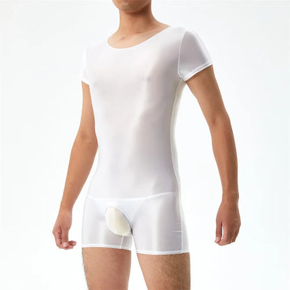 Sexy Men's Open Crotch Bodysuit Short Sleeve Oil Shiny Glossy Tights High Elastic Man Clothing Shapers Exotic Leotard