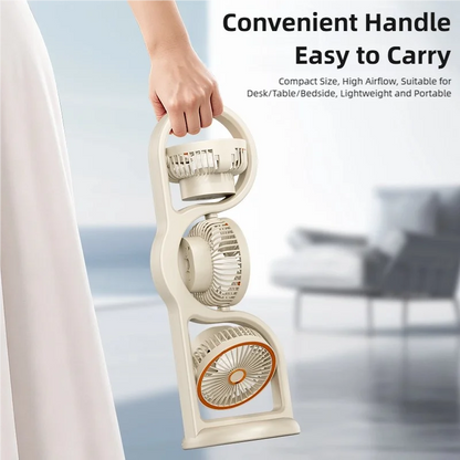 TINSOL New Portable USB Rechargeable Three-Head Fan – 360° Circulation, 5-Speed Wind, Dormitory and Outdoor Desktop Fan