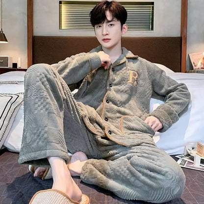 Men's Winter Sleepwear Coral Fleece Thickened Flannel Casual Long Sleeve Pajamas Large Size Home Clothes Chinese Style