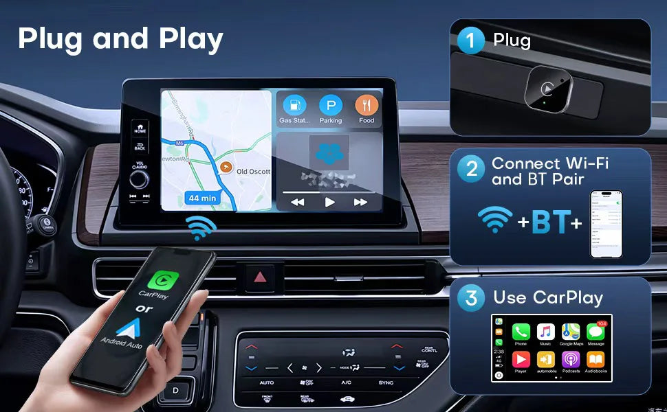 2-in-1 Wireless CarPlay & Android Auto Adapter, Plug & Play CarPlay Dongle Converts Wired to Wireless, Fast Auto-Connect, No Del