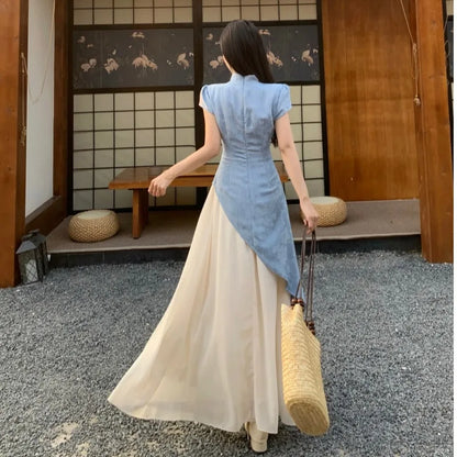 plus Size New Chinese Embroidered Short Sleeve Dress Women's Summer Soft Waist Cinching  Long Dress Commute Style